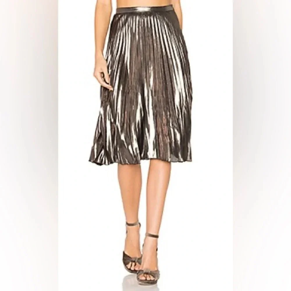 Women’s ASTR the Label Celeste Pleated Flowy Midi Skirt Boho Metallic Bronze L